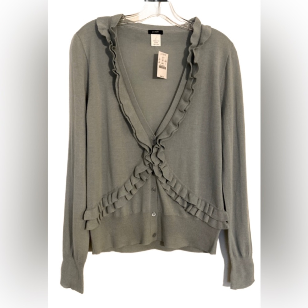 J. Crew ruffled button up cardigan. Size large. 100% Merino Wool. NWT. Gray/blue